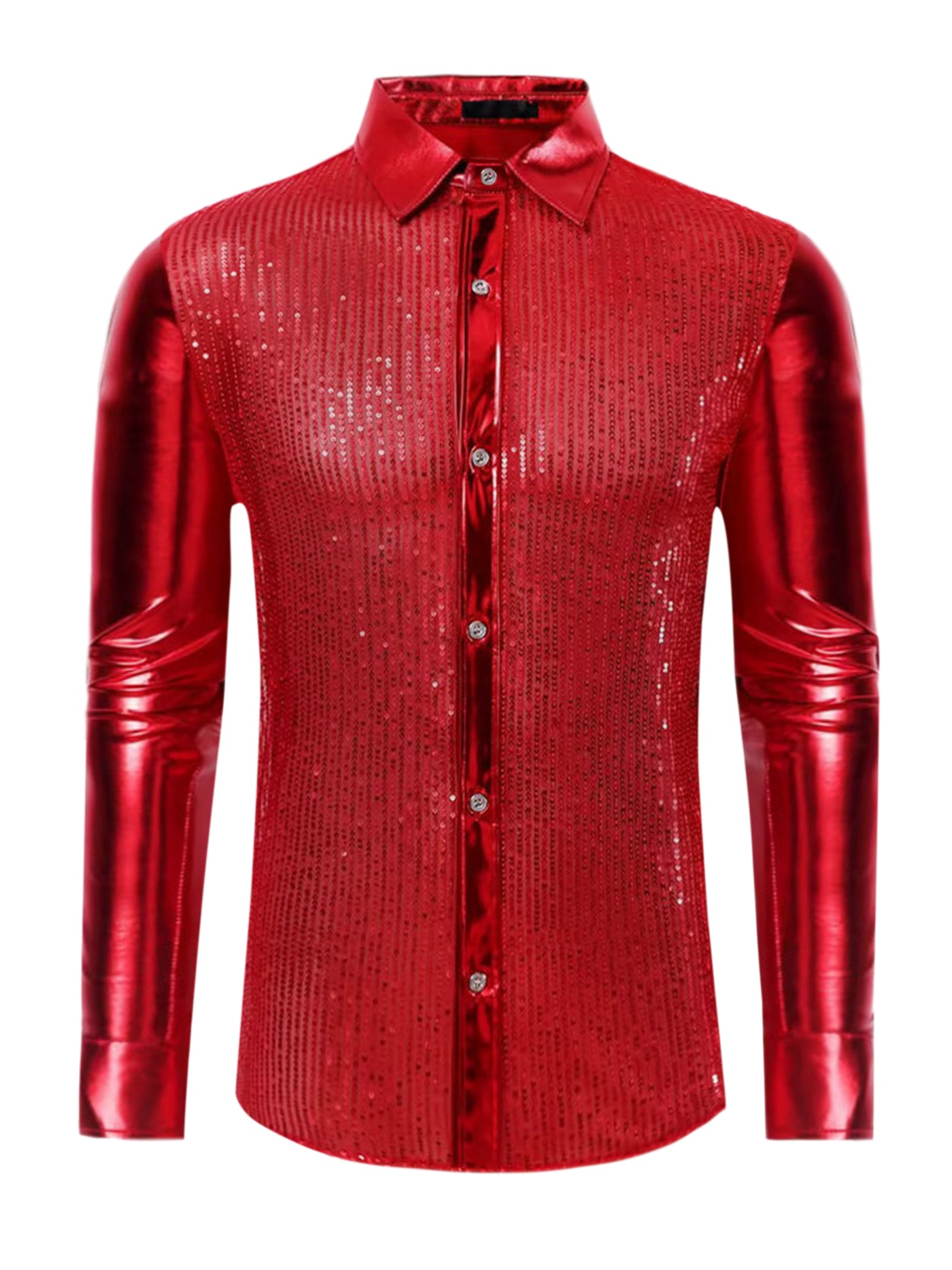 Bublédon Shiny Sequins Shirt for Men's Disco Party Long Sleeves Button Down Metallic Shirts