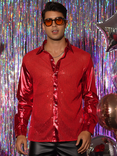 Bublédon Shiny Sequins Shirt for Men's Disco Party Long Sleeves Button Down Metallic Shirts
