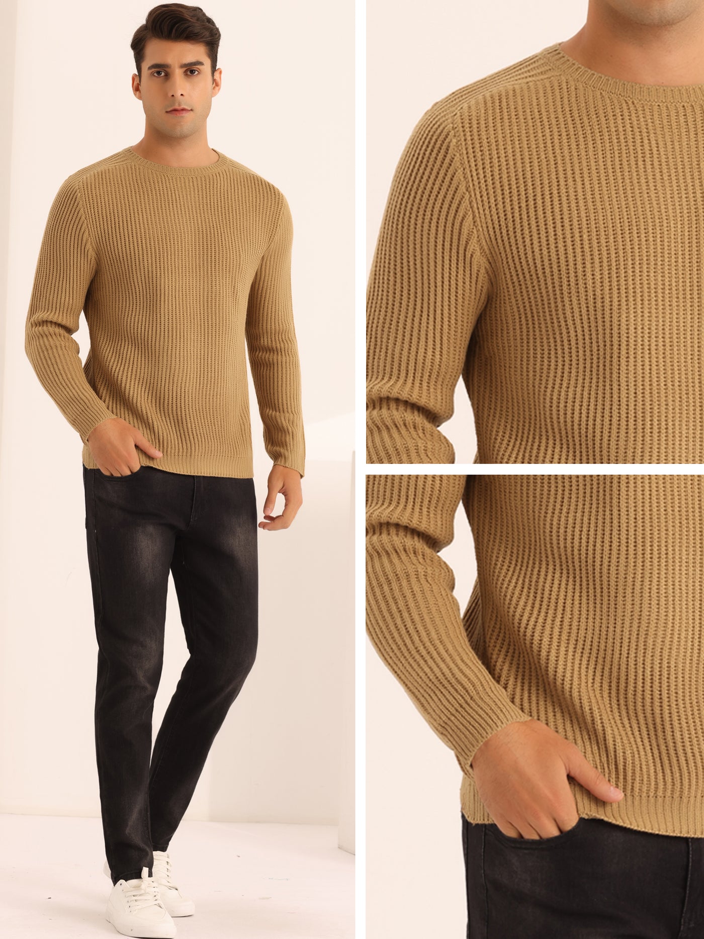 Bublédon Casual Crew Neck Long Sleeves Solid Knitted Pullover Sweater