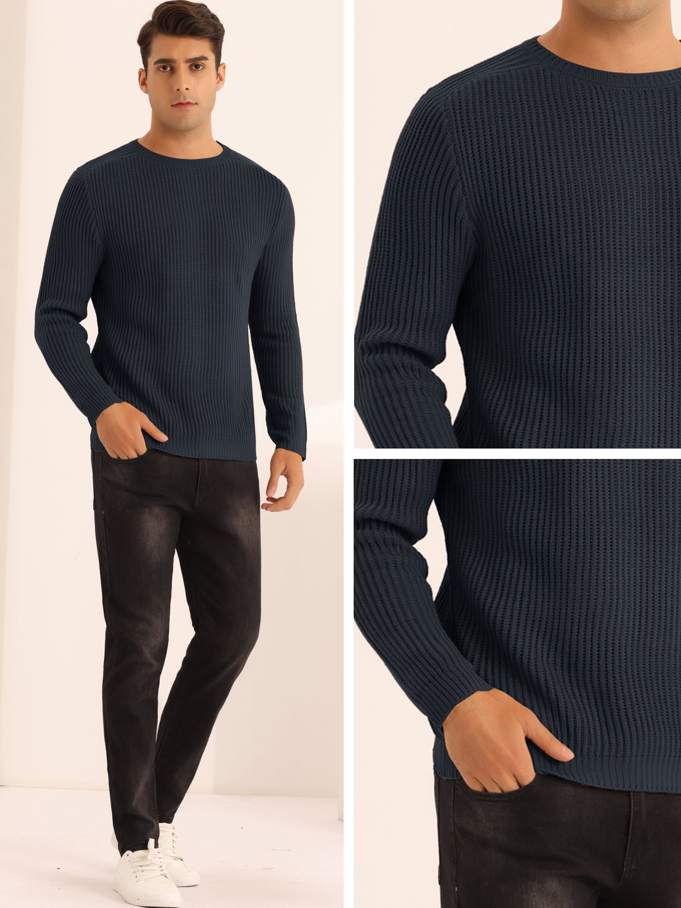 Bublédon Casual Crew Neck Long Sleeves Solid Knitted Pullover Sweater