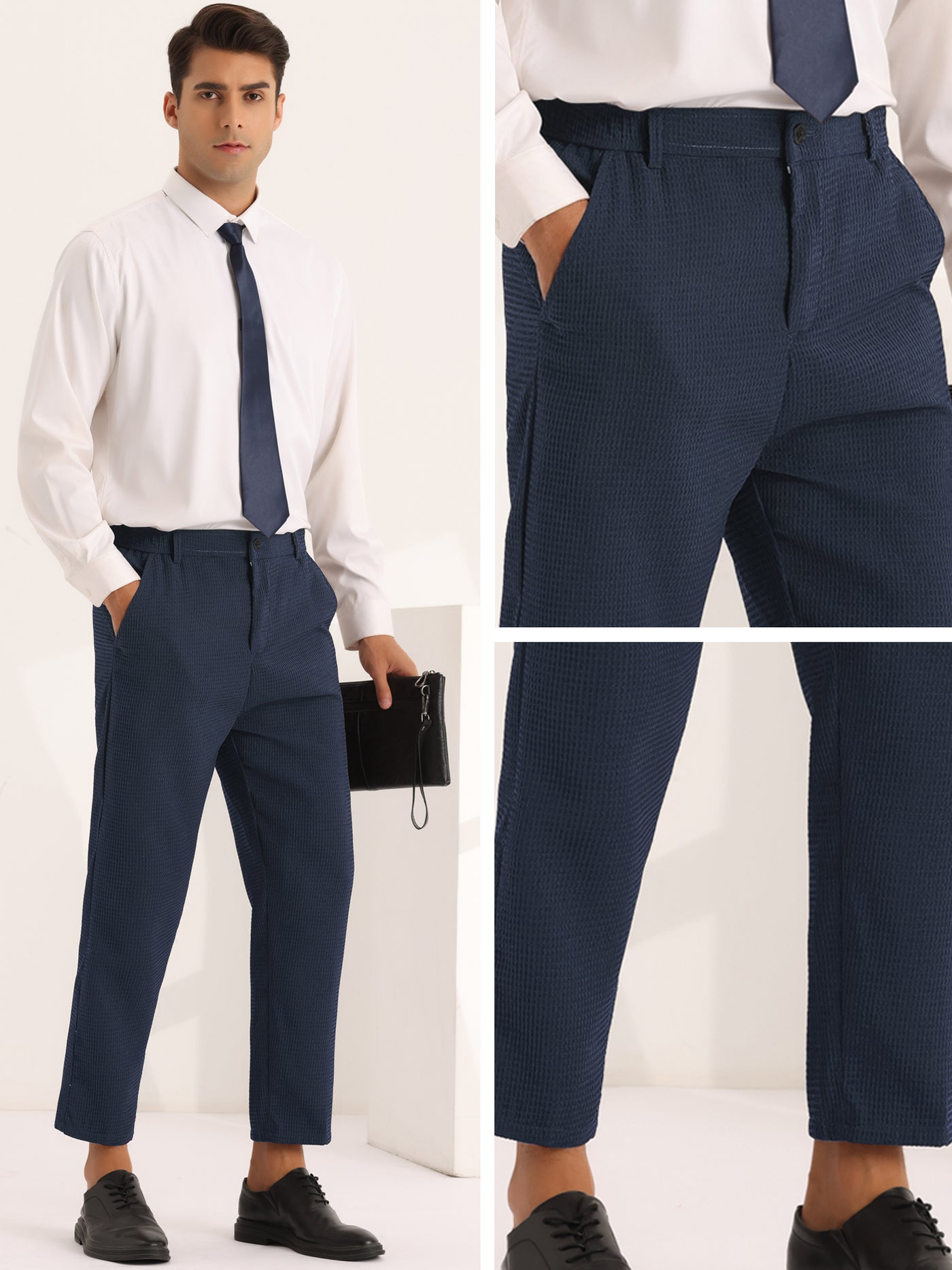 Bublédon Men's Solid Flat Front Waffle Ankle Length Dress Pants