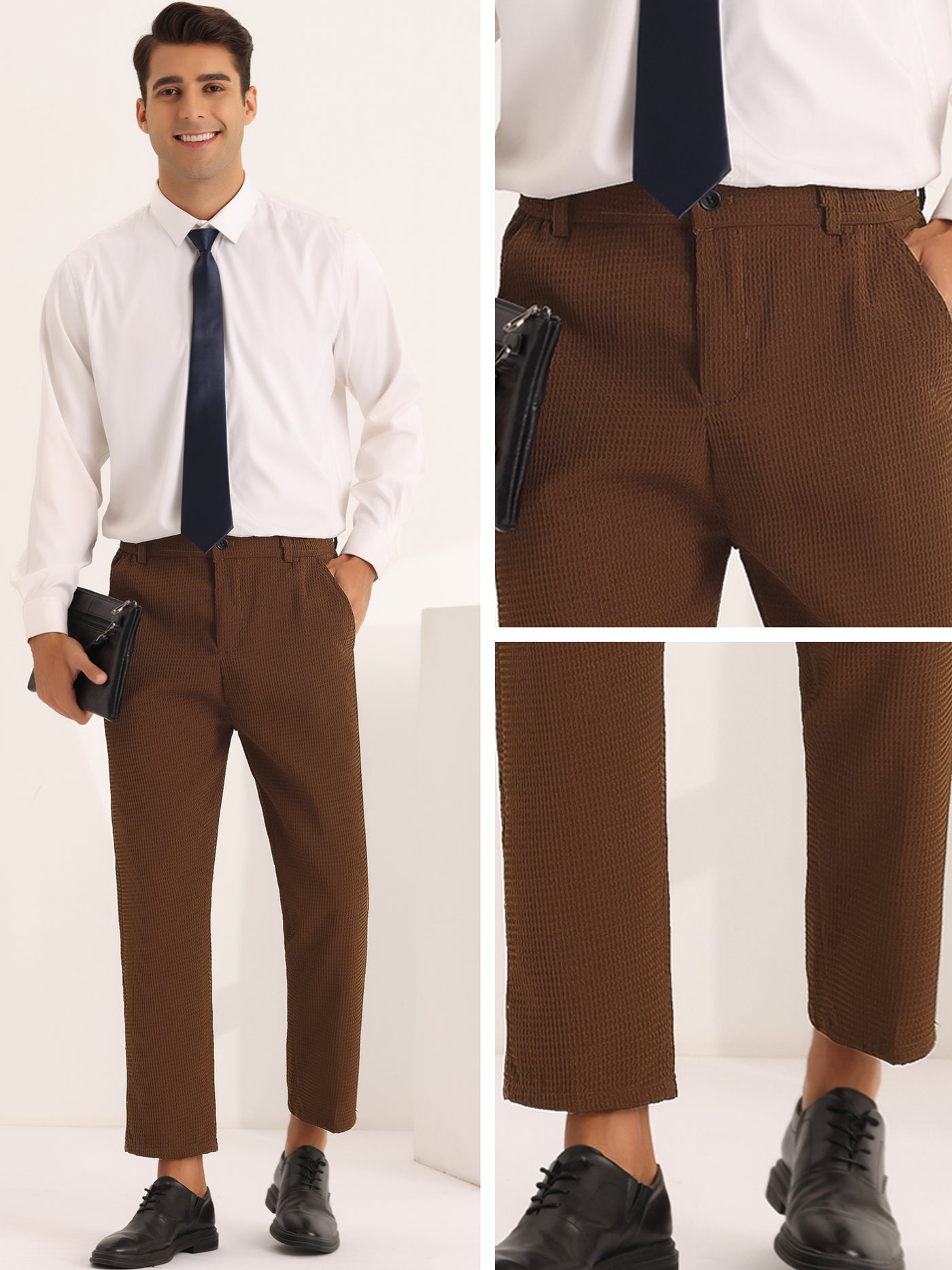 Bublédon Men's Solid Flat Front Waffle Ankle Length Dress Pants