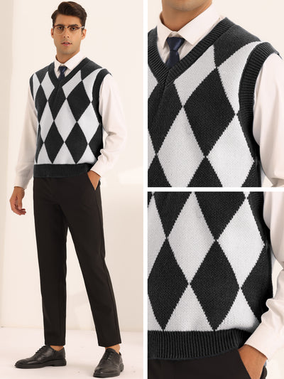 Argyle Pattern Sweater Vests for Men's Classic V Neck Sleeveless Pullover Knit Sweaters