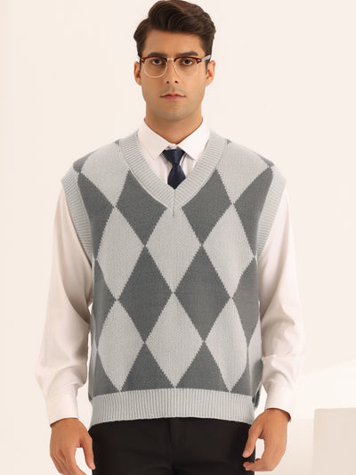Argyle Pattern Sweater Vests for Men's Classic V Neck Sleeveless Pullover Knit Sweaters