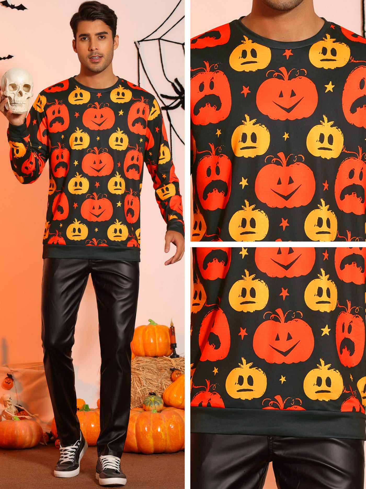Bublédon Halloween Costume Sweatshirt for Men's Long Sleeves Pumpkin Printed Pullover
