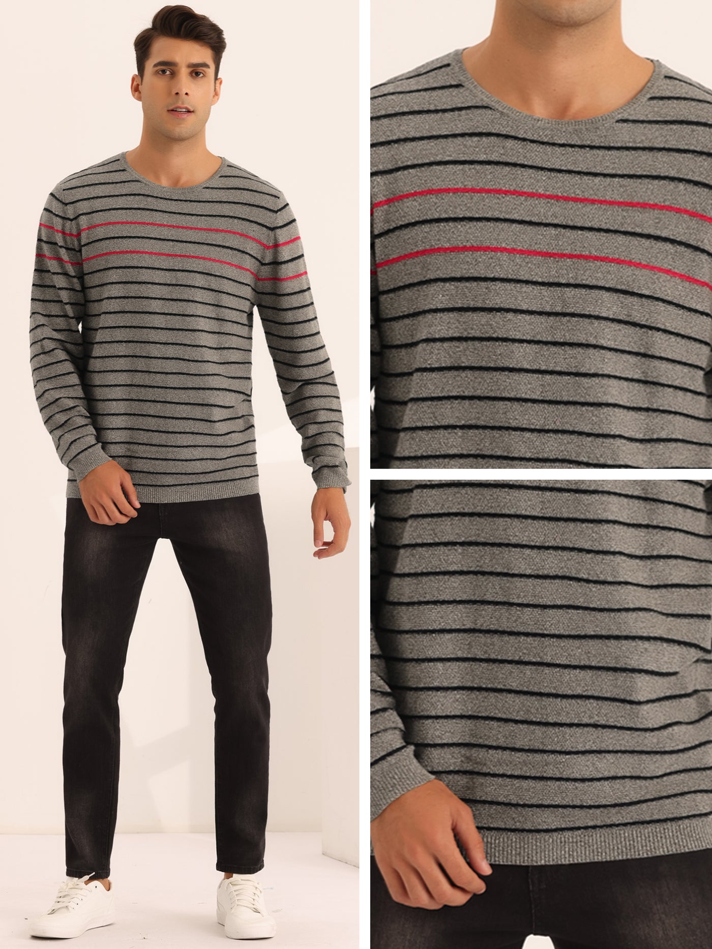 Bublédon Striped Sweaters for Men's Pullover Crew Neck Long Sleeves Knit Sweater