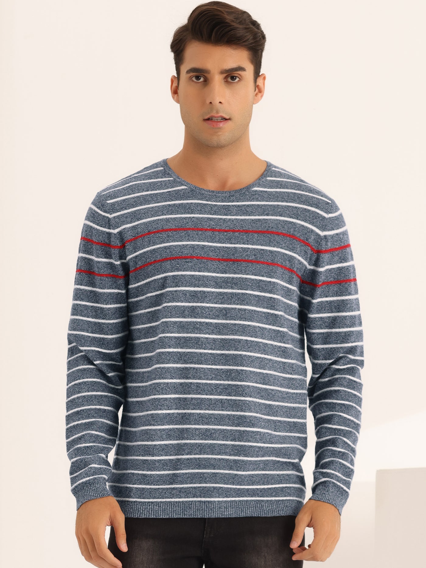 Bublédon Striped Sweaters for Men's Pullover Crew Neck Long Sleeves Knit Sweater
