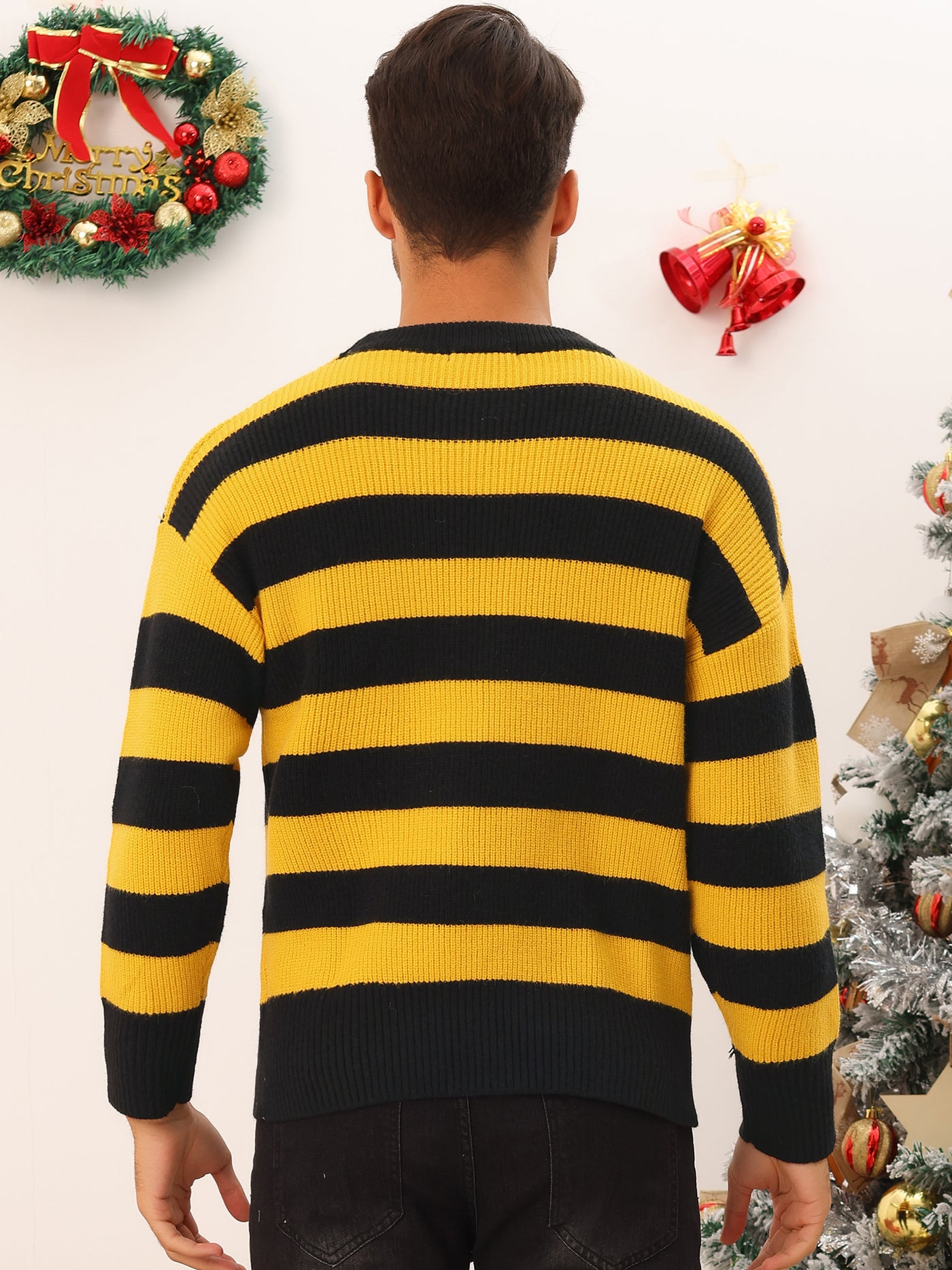 Bublédon Men's Color Block Round Neck Pullover Stripe Knit Sweater