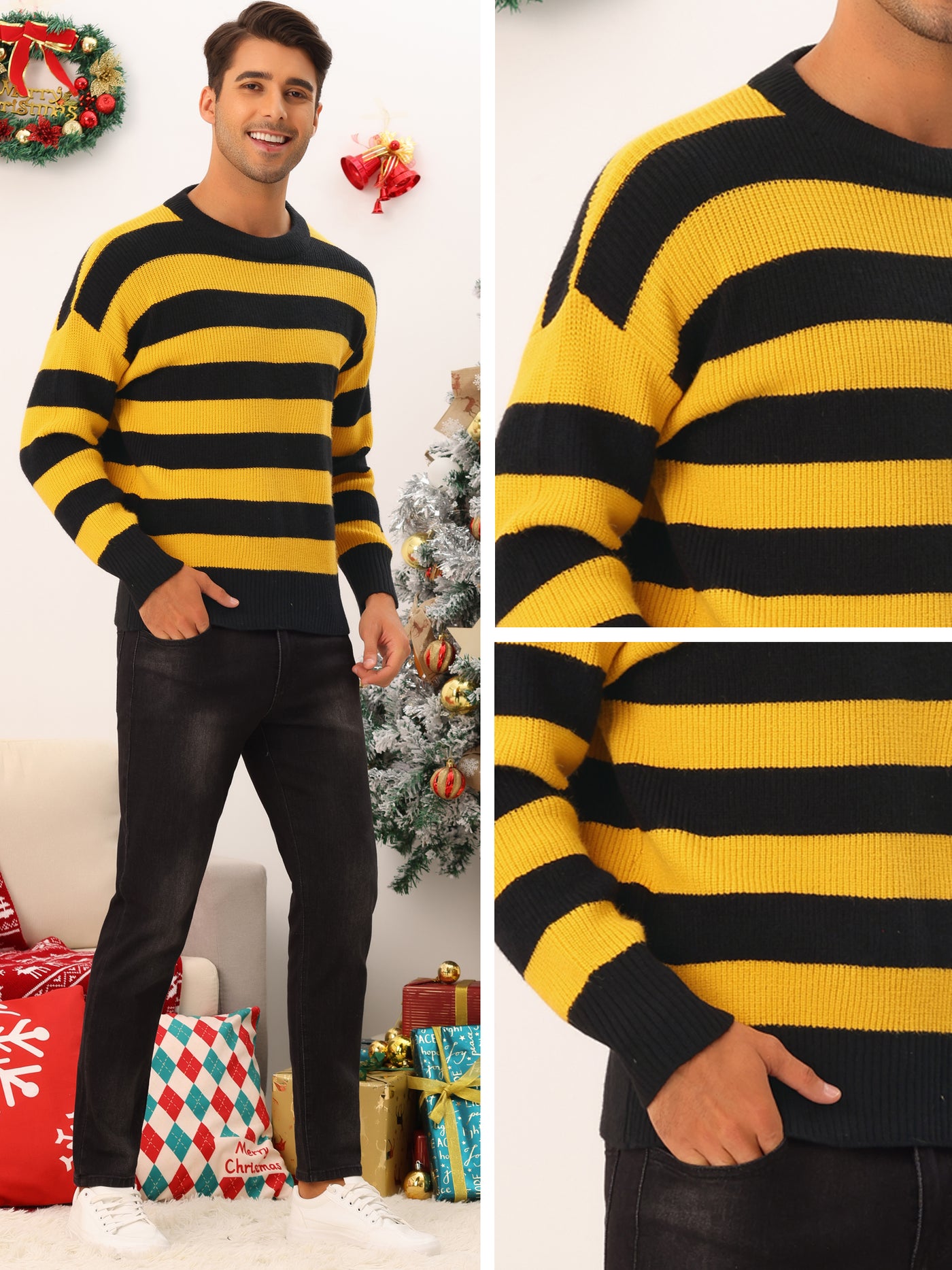 Bublédon Men's Color Block Round Neck Pullover Stripe Knit Sweater