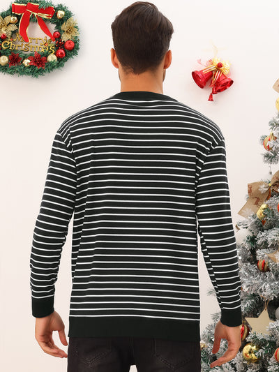 Striped Sweaters for Men's Long Sleeves Round Neck Color Block Knit Top Pullover