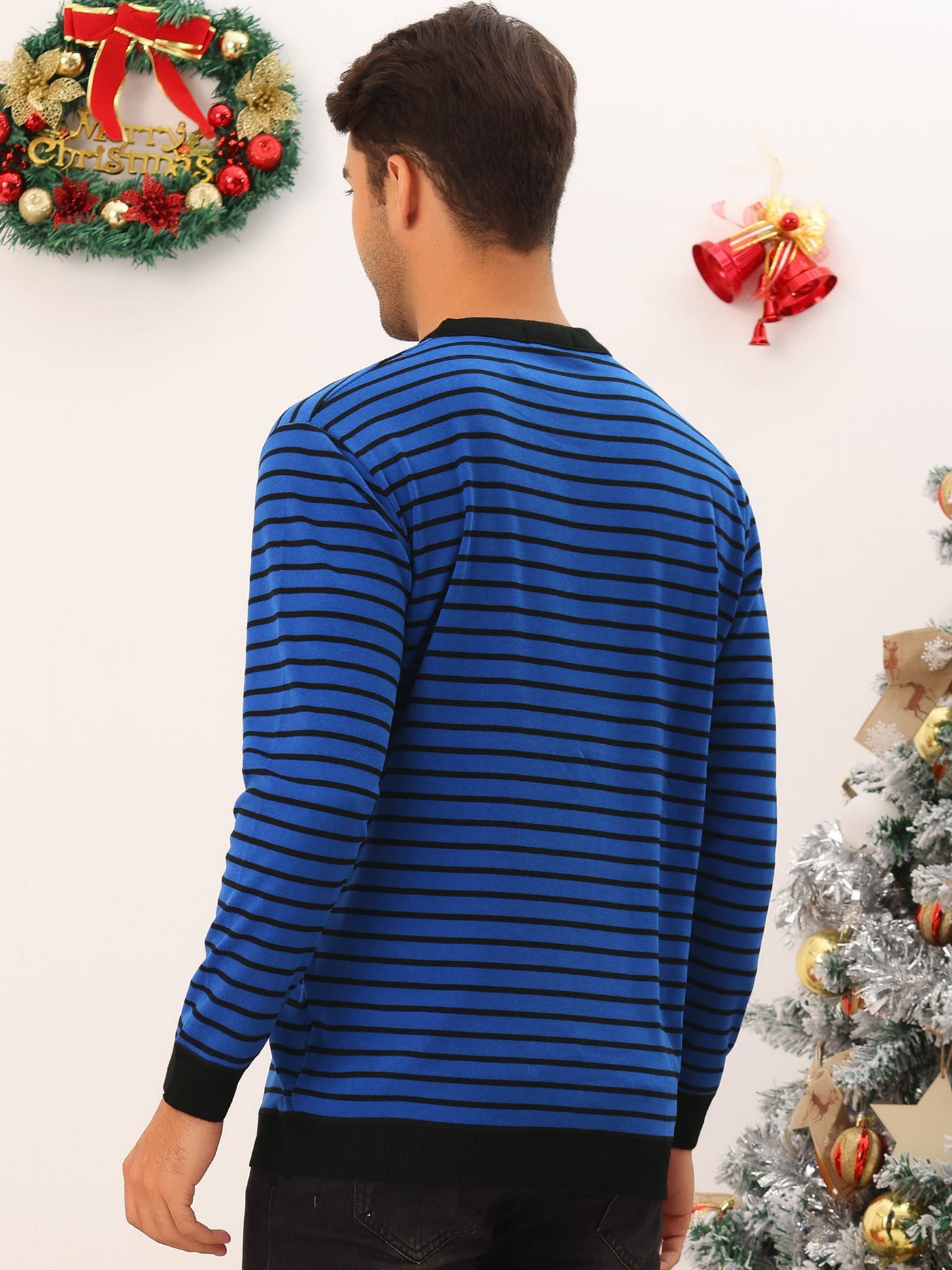Bublédon Striped Sweaters for Men's Long Sleeves Round Neck Color Block Knit Top Pullover