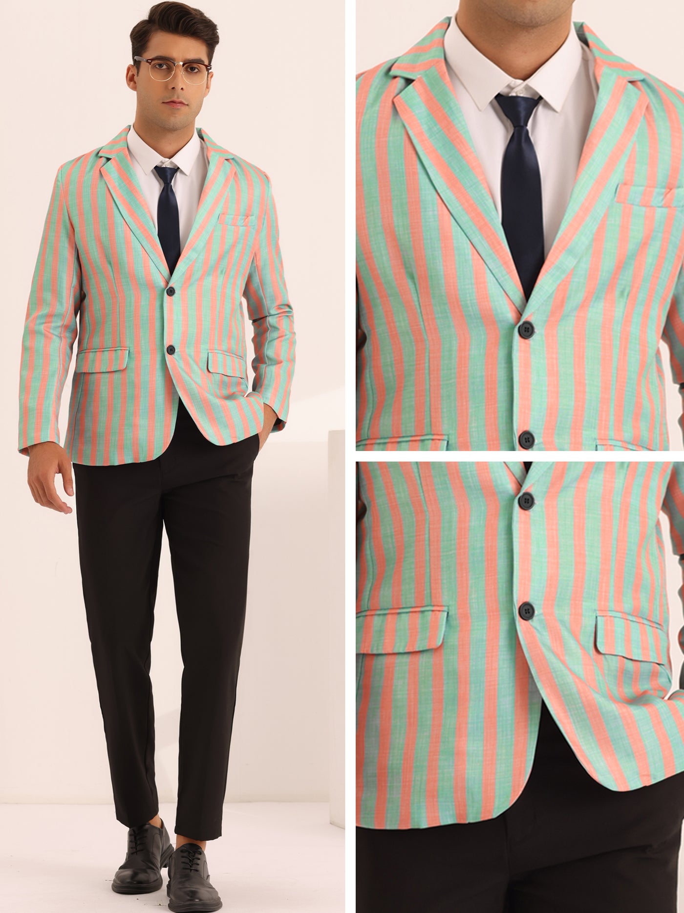 Bublédon Striped Sports Coat for Men's Notch Lapel Color Block Stripes Pattern Blazer