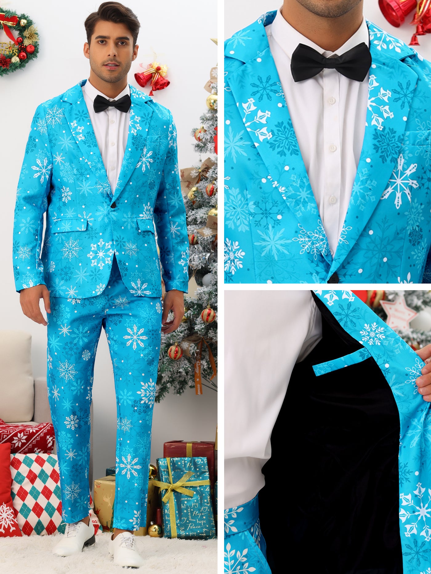 Bublédon Christmas Printed Blazer for Men's Notch Lapel Costume Sports Coat