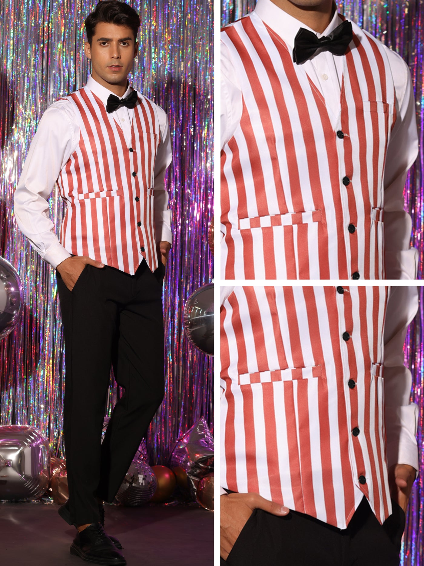 Bublédon Business Vest for Men's Slim Fit V Neck Sleeveless Striped Prints Waistcoat