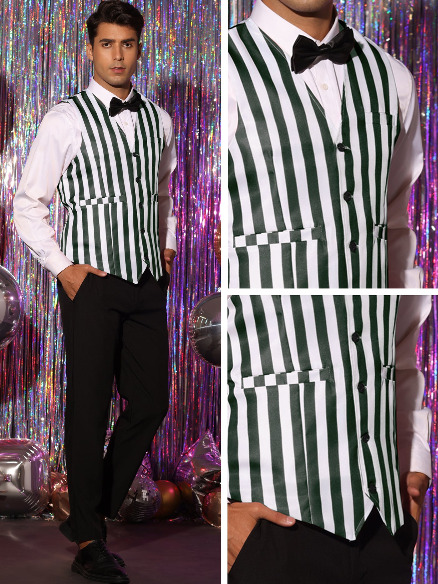 Bublédon Business Vest for Men's Slim Fit V Neck Sleeveless Striped Prints Waistcoat