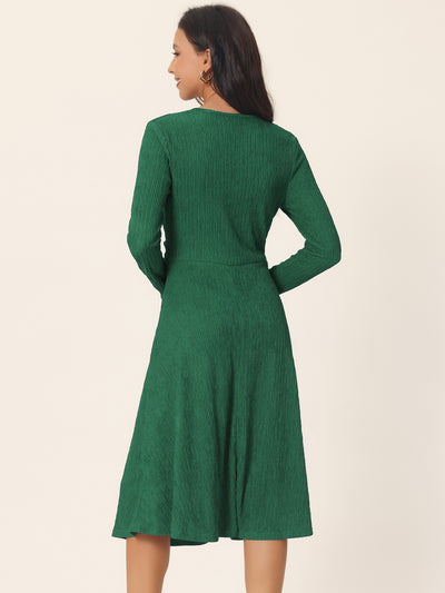 Women's Long Sleeve Criss Cross V Neck Knit Sweater Midi Dress