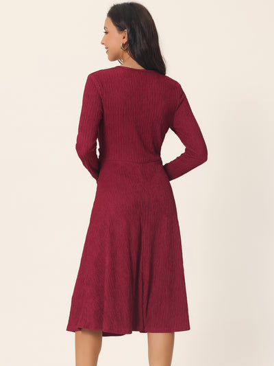 Women's Long Sleeve Criss Cross V Neck Knit Sweater Midi Dress