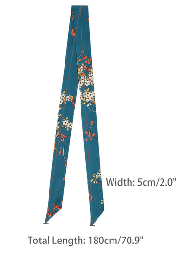 Women Floral Satin Scarves, Flowers Square Silky Neck Scarf Neckerchief, Skinny Long Ribbon Hair Band