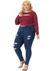 Plus Size Tops for Women Long Sleeve Round Neck Cut Out Front Fitted T-Shirts