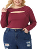 Plus Size Tops for Women Long Sleeve Round Neck Cut Out Front Fitted T-Shirts