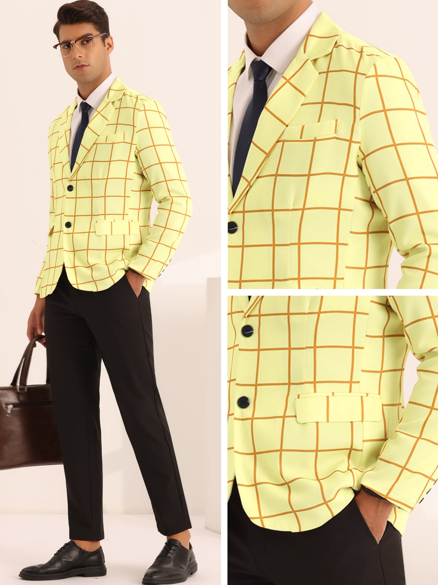 Bublédon Formal Plaid Sports Coat for Men's Notch Lapel Prom Checked Pattern Blazer