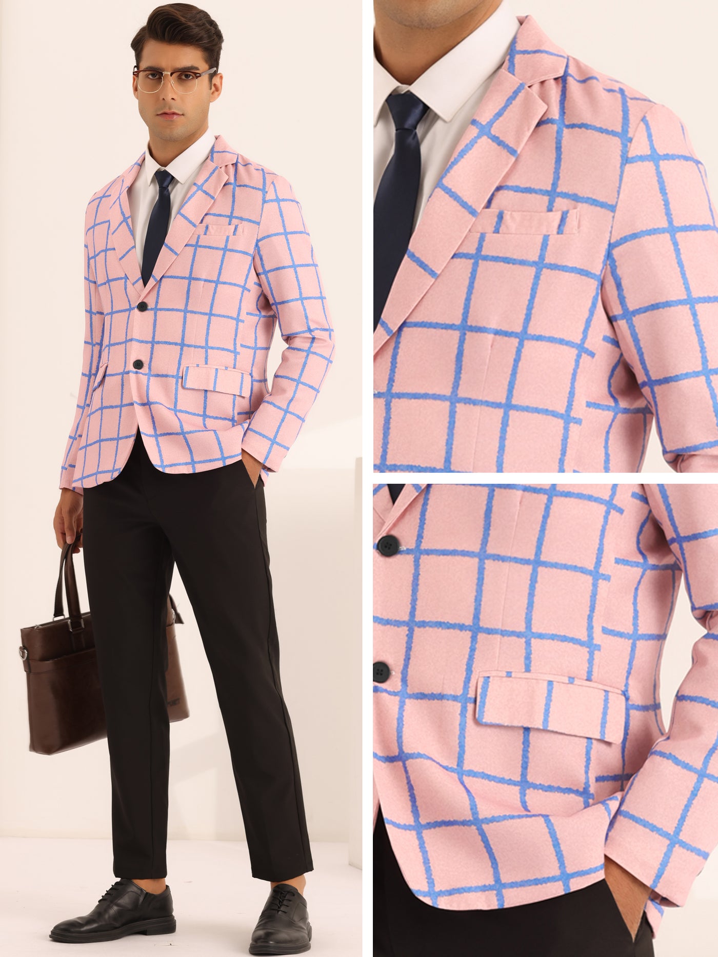 Bublédon Formal Plaid Sports Coat for Men's Notch Lapel Prom Checked Pattern Blazer