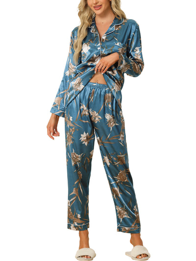 Women's Pajama Set Soft Satin Silky Floral Printed Button Down Shirt and Pants Sleepwear 2pcs