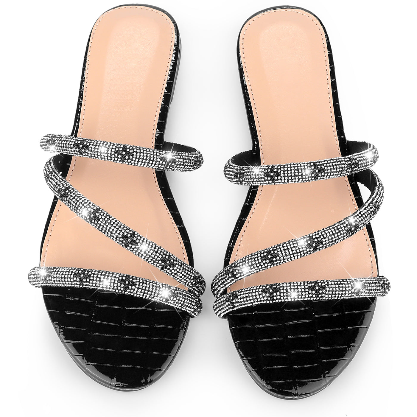 Bublédon Perphy Rhinestone Strappy Open Toe Slip on Flat Sandals for Women