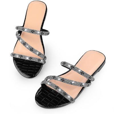 Perphy Rhinestone Strappy Open Toe Slip on Flat Sandals for Women