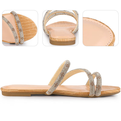 Perphy Rhinestone Strappy Open Toe Slip on Flat Sandals for Women