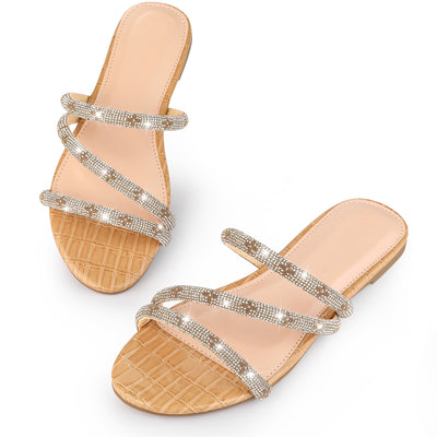Bublédon Perphy Rhinestone Strappy Open Toe Slip on Flat Sandals for Women