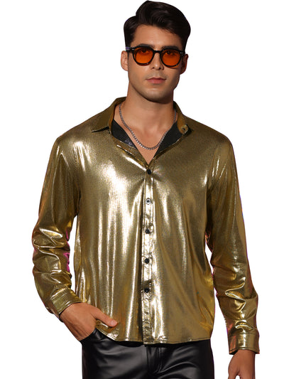 Metallic Shirts for Men's Long Sleeves Button Down Club Disco Shiny Shirt