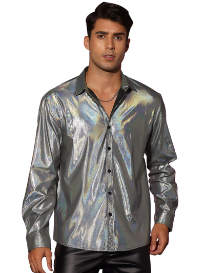 Bublédon Metallic Shirts for Men's Long Sleeves Button Down Club Disco Shiny Shirt