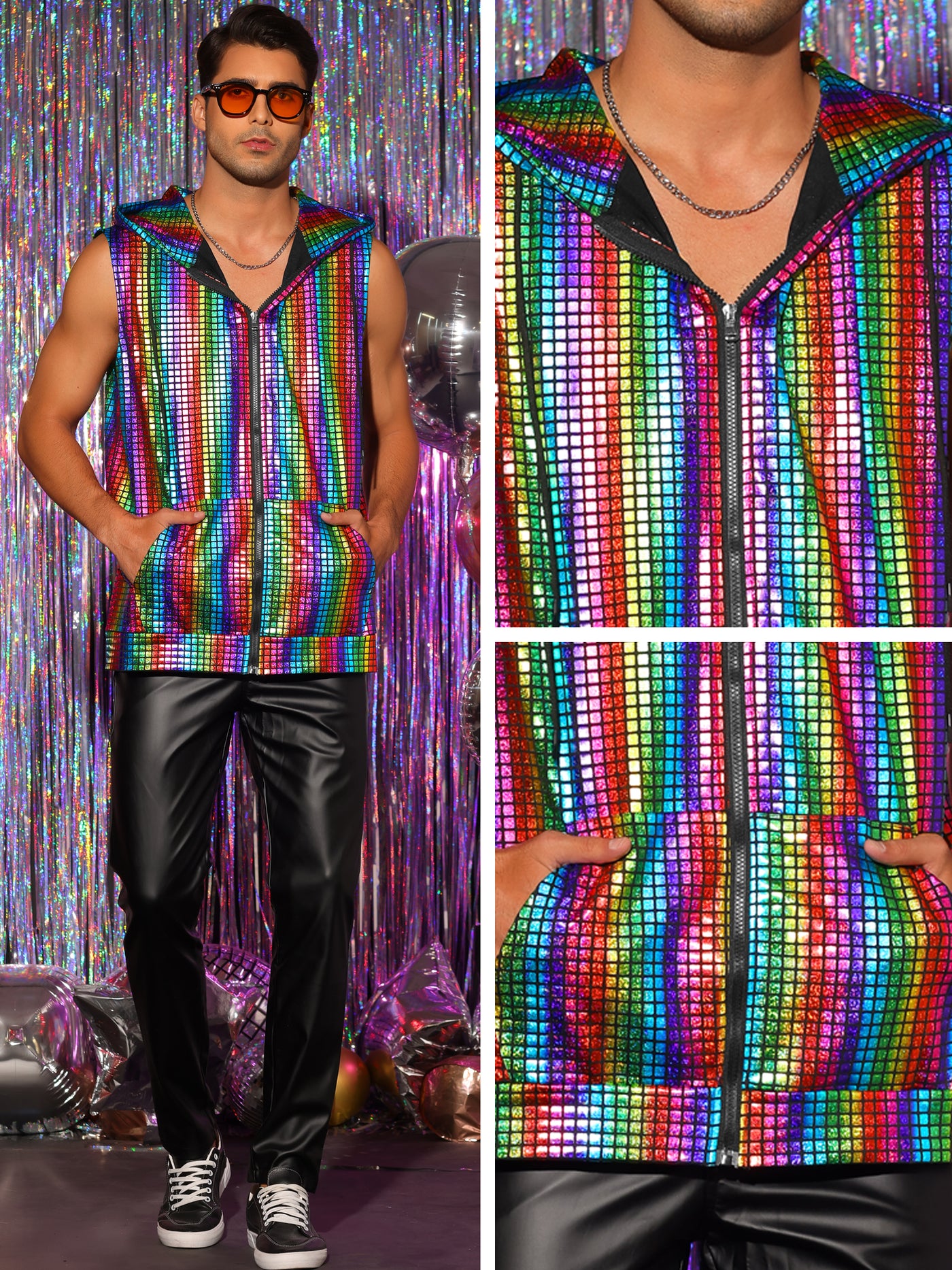 Bublédon Metallic Hooded Vest for Men's Zip Up Shiny Disco Party Sleeveless Hoodie
