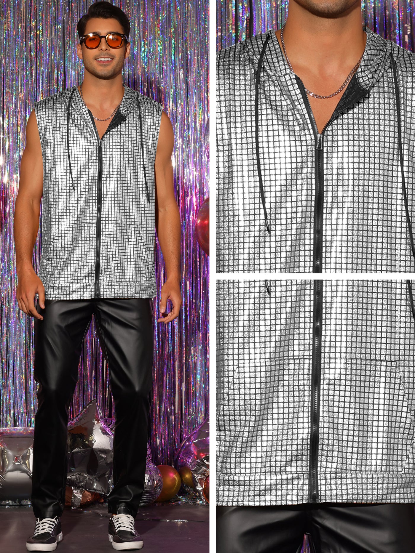 Bublédon Metallic Hooded Vest for Men's Zip Up Shiny Disco Party Sleeveless Hoodie