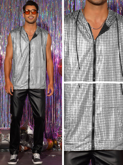Metallic Hooded Vest for Men's Zip Up Shiny Disco Party Sleeveless Hoodie