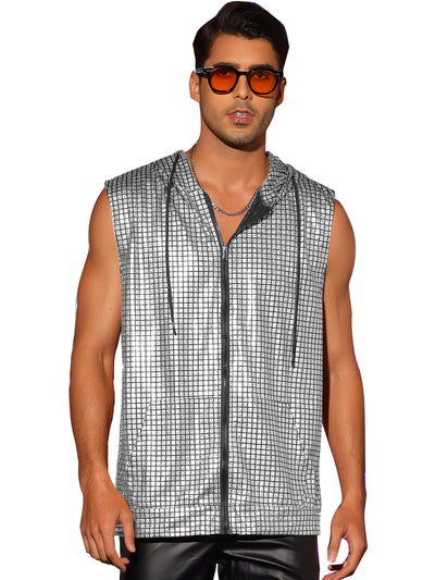 Metallic Hooded Vest for Men's Zip Up Shiny Disco Party Sleeveless Hoodie