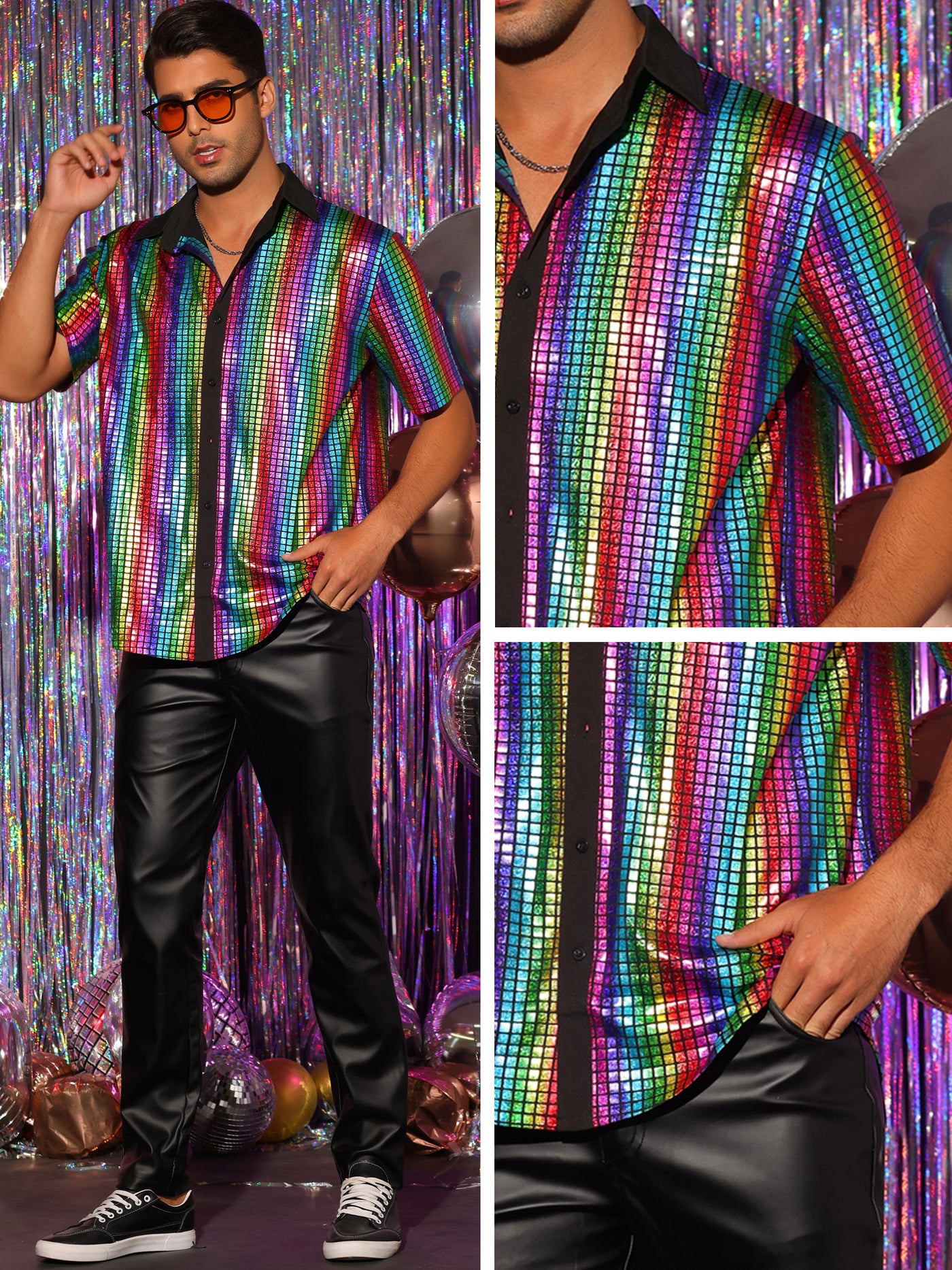 Bublédon Metallic Shirts for Men's Short Sleeves Costume Disco Button Down Shiny Shirt