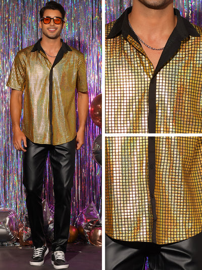 Metallic Shirts for Men's Short Sleeves Costume Disco Button Down Shiny Shirt