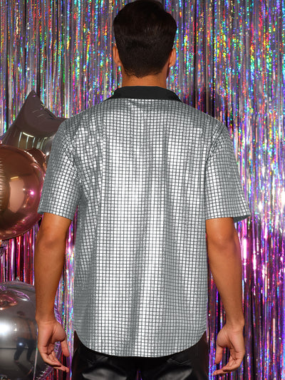 Metallic Shirts for Men's Short Sleeves Costume Disco Button Down Shiny Shirt