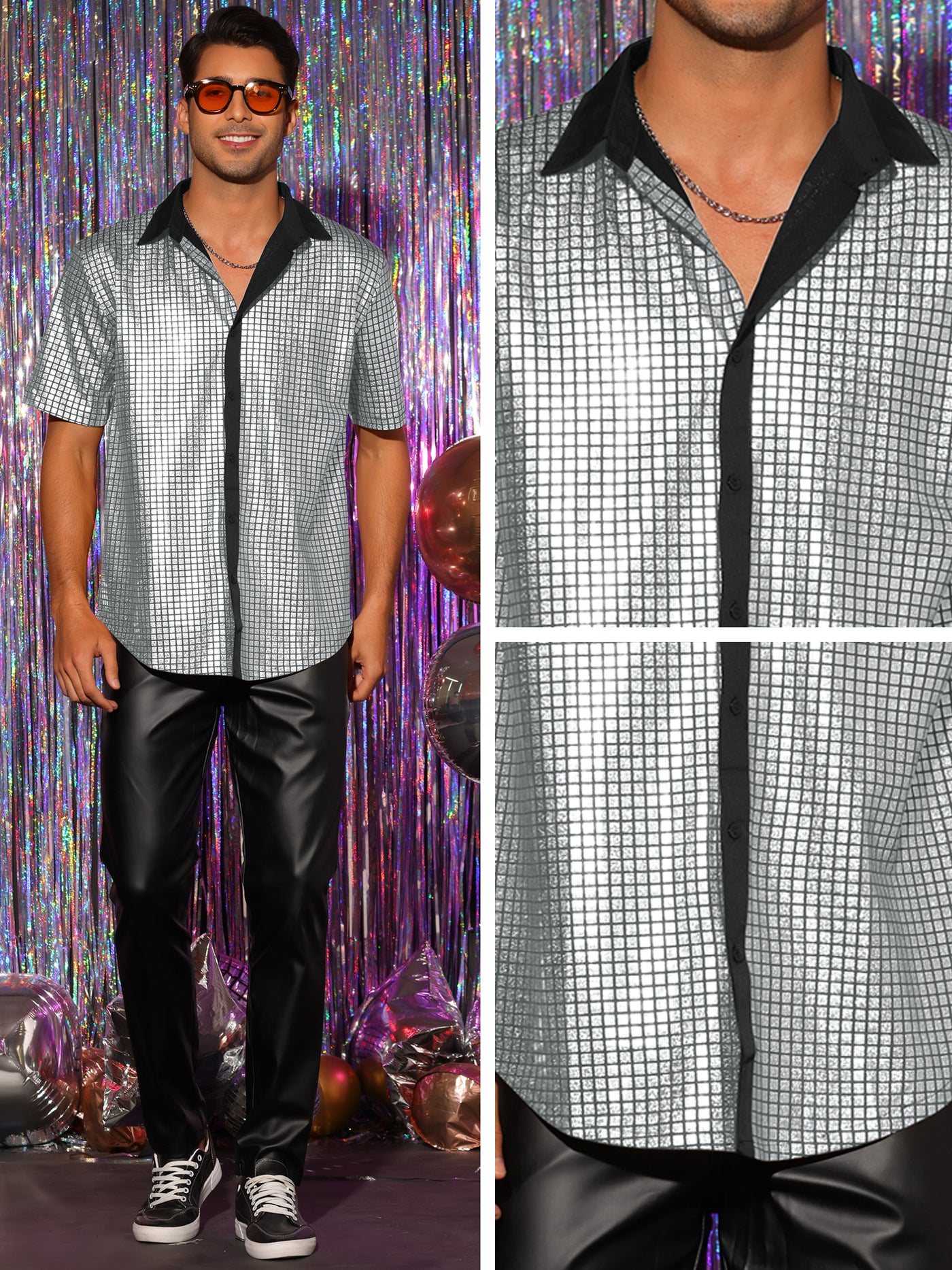 Bublédon Metallic Shirts for Men's Short Sleeves Costume Disco Button Down Shiny Shirt