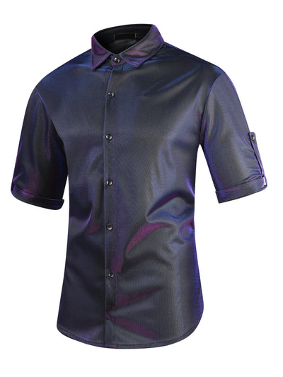 Metallic Holographic Shirt for Men's Roll-up Sleeves Button Down Shiny Disco Party Shirts