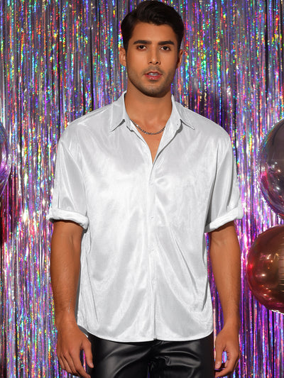 Bublédon Metallic Holographic Shirt for Men's Roll-up Sleeves Button Down Shiny Disco Party Shirts