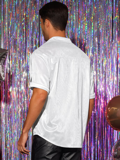 Metallic Holographic Shirt for Men's Roll-up Sleeves Button Down Shiny Disco Party Shirts