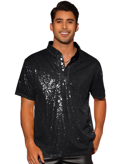 Sequin Polo for Men's Sparkle Short Sleeves Club Party Shiny Golf Shirts