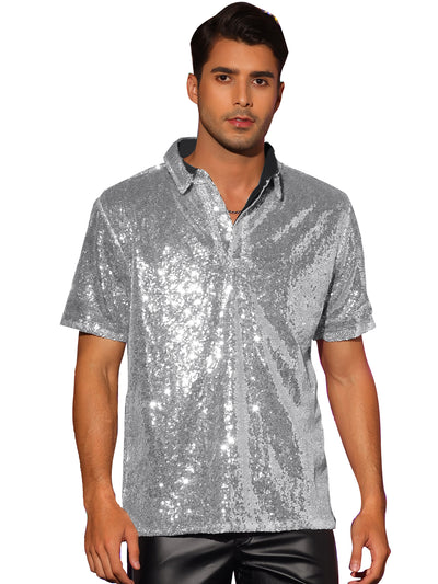 Sequin Polo for Men's Sparkle Short Sleeves Club Party Shiny Golf Shirts