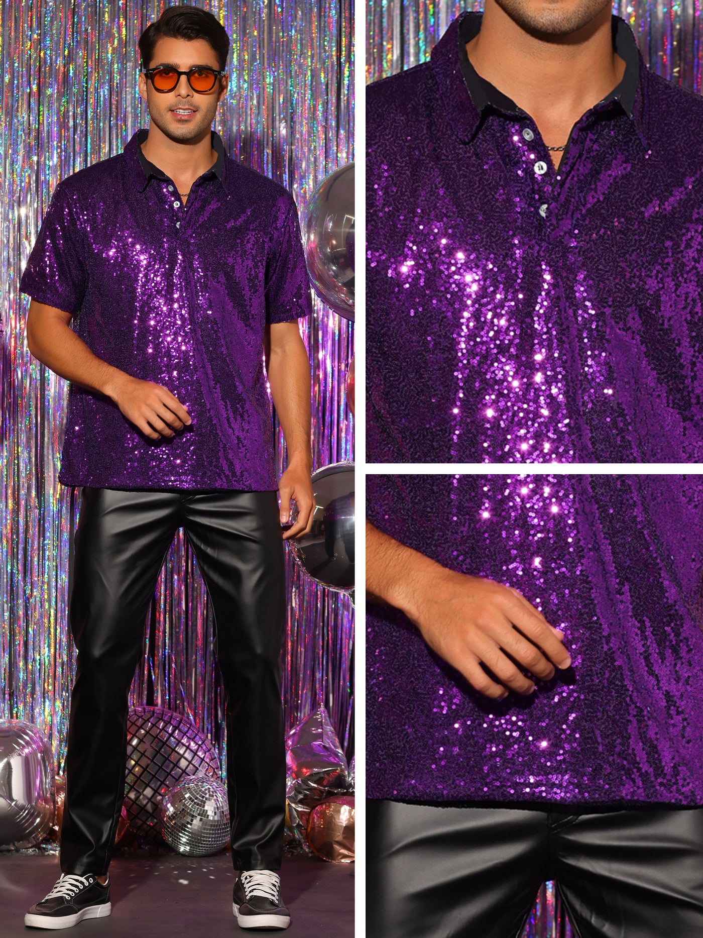 Bublédon Sequin Polo for Men's Sparkle Short Sleeves Club Party Shiny Golf Shirts