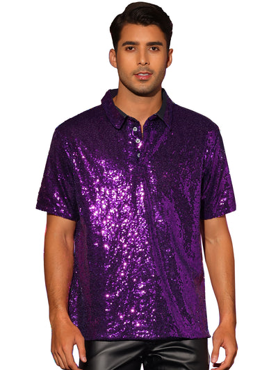 Bublédon Sequin Polo for Men's Sparkle Short Sleeves Club Party Shiny Golf Shirts