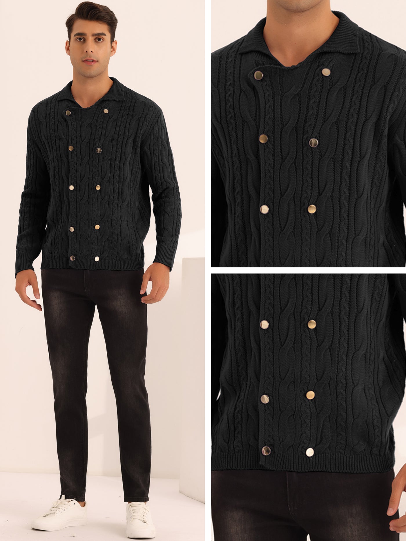 Bublédon Casual Stand Collar Double Breasted Cable Knitted Cardigan Sweater