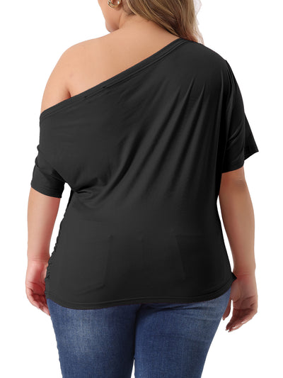 Plus Size Tops for Women One Shoulder Short Sleeve Ruched Basic Blouses